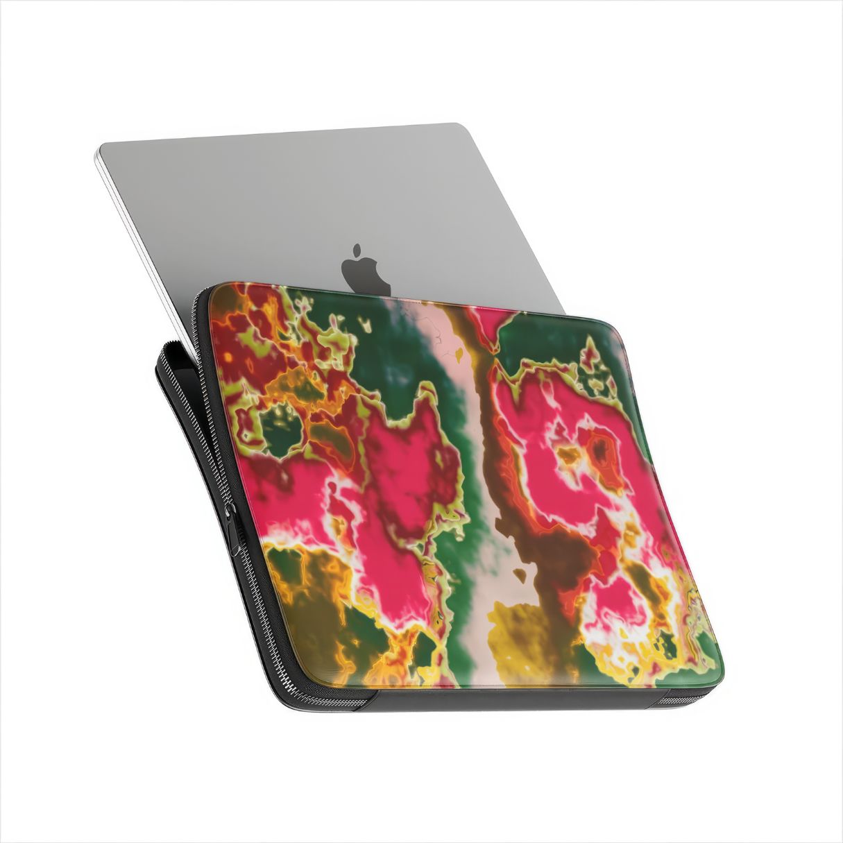 Laptop Sleeve with Neon Pink pattern, artistic, abstract marble pattern. Electric Pink color. Bold expressive aesthetic design. Colorful and interior fit. Side view with device.