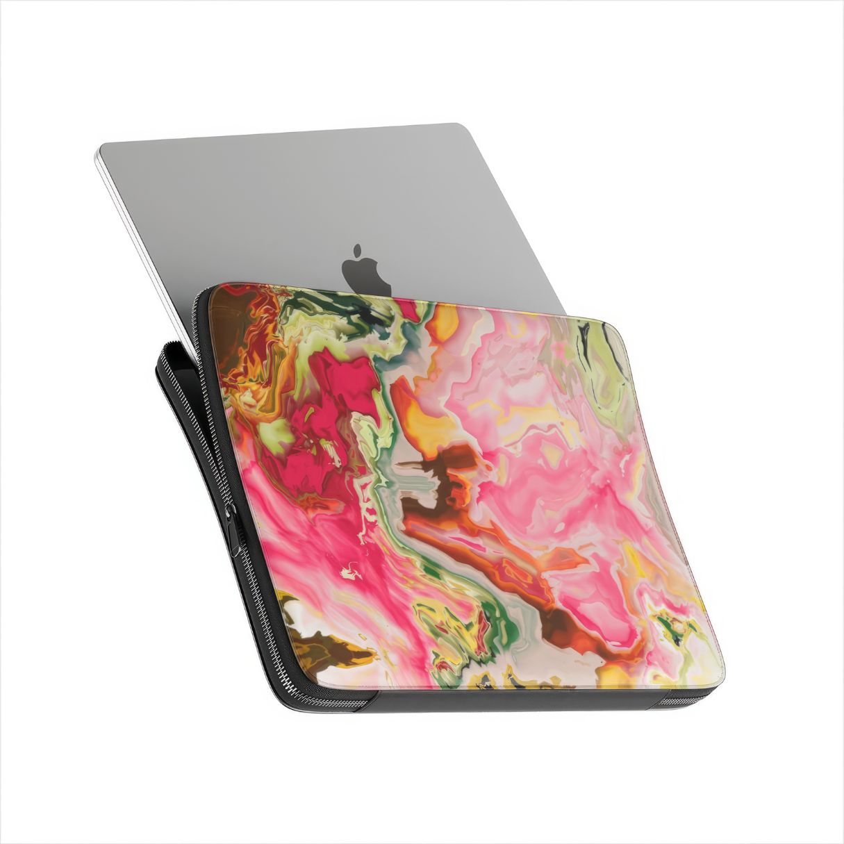 Laptop Sleeve with Neon Pink pattern, artistic, abstract marble pattern. Pink and green color combination. Bold expressive aesthetic design. Colorful and interior fit. Side view with device.