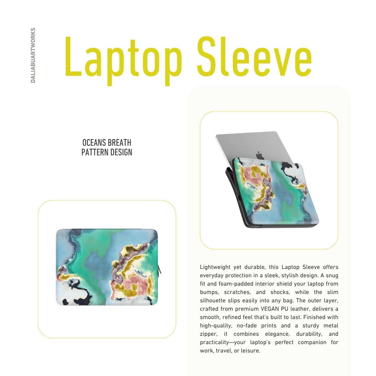 Laptop Sleeve with a bold vivid pattern Oceans Breath in marble abstract and artistic style, featuring an elegant and expressive aesthetic design. Main colors are blue and green. Description.