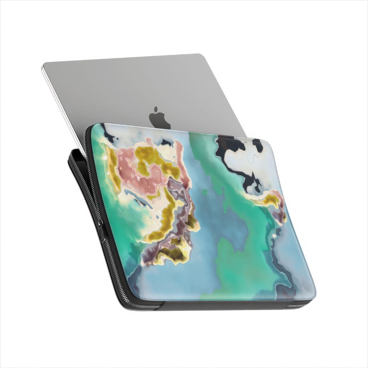 Laptop Sleeve with a bold vivid pattern Oceans Breath in marble abstract and artistic style, featuring an elegant and expressive aesthetic design. Main colors are blue and green. Side view with device.