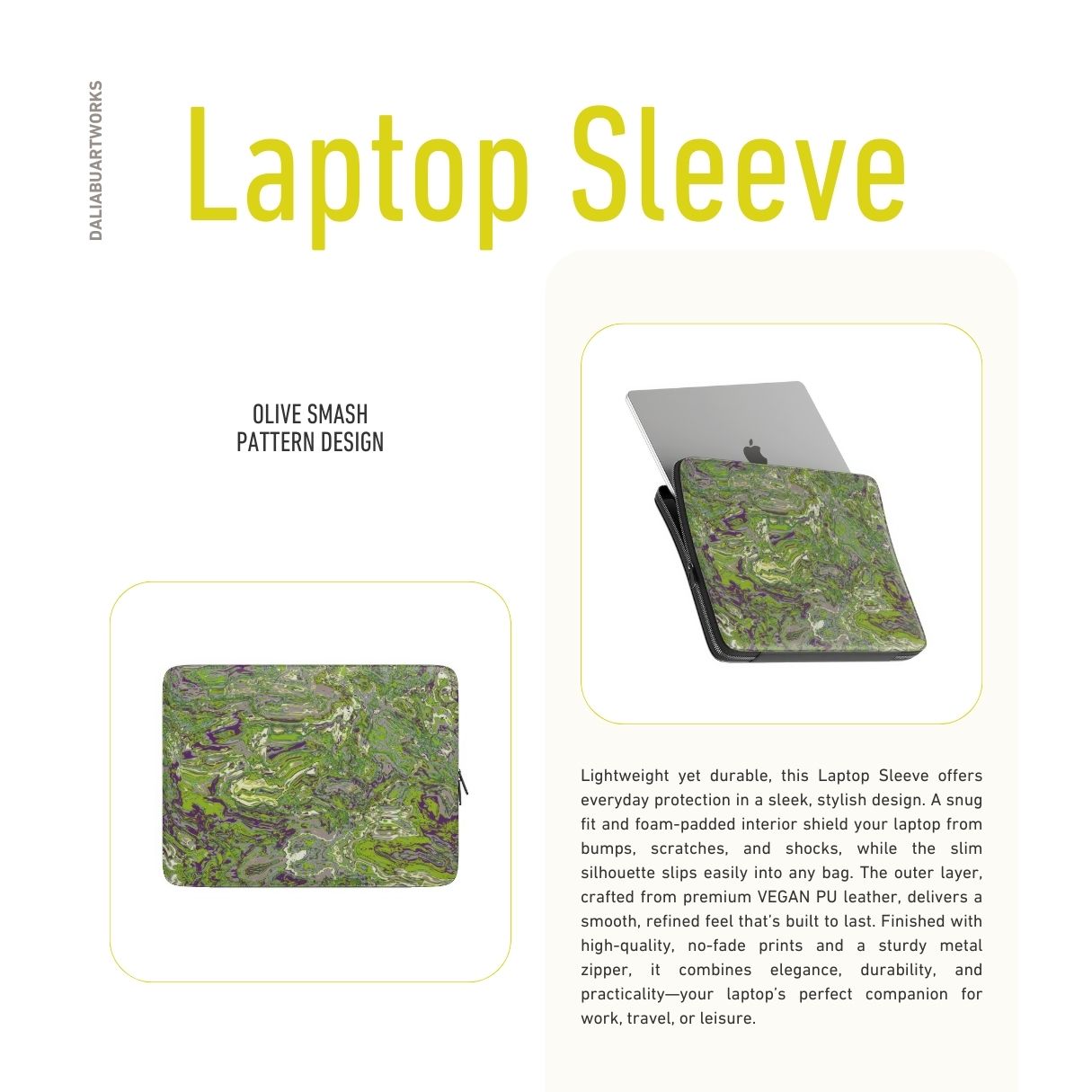 Laptop Sleeve with a bold vivid pattern Olive Smash abstract and artistic style, featuring an elegant and expressive aesthetic design. Main colors are olive green and purple hues. Description.