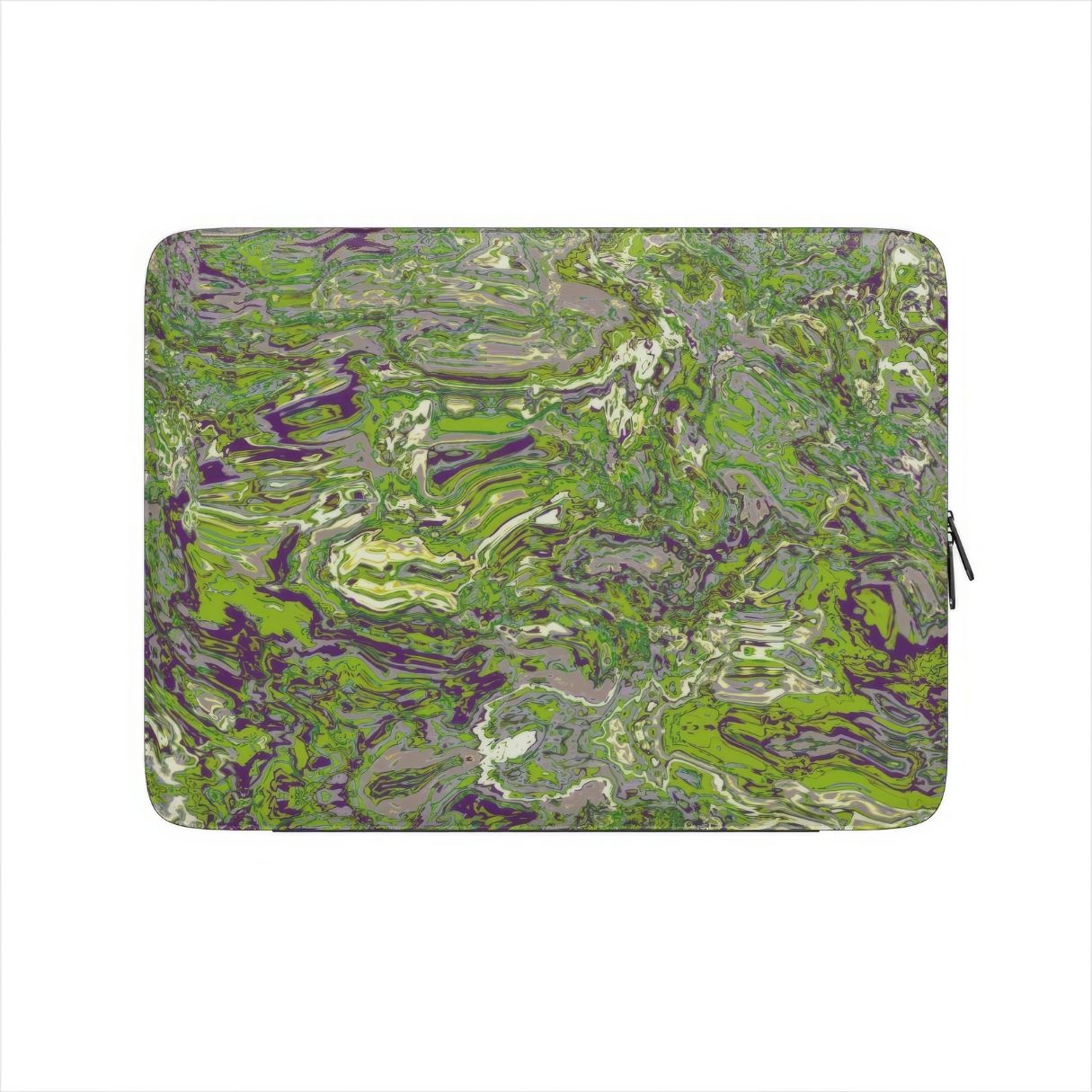 Laptop Sleeve with a bold vivid pattern Olive Smash abstract and artistic style, featuring an elegant and expressive aesthetic design. Main colors are olive green and purple hues. Front view.