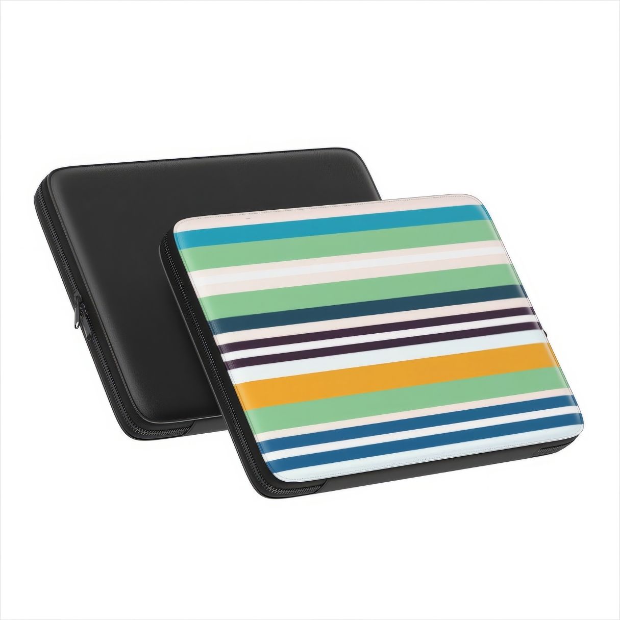 Laptop Sleeve with  Parallel Flow Mint pattern with tiny color stripes, featuring an elegant and expressive aesthetic design. Main colors are minty sage, powder pink, navy blue, orange. Side and back view.