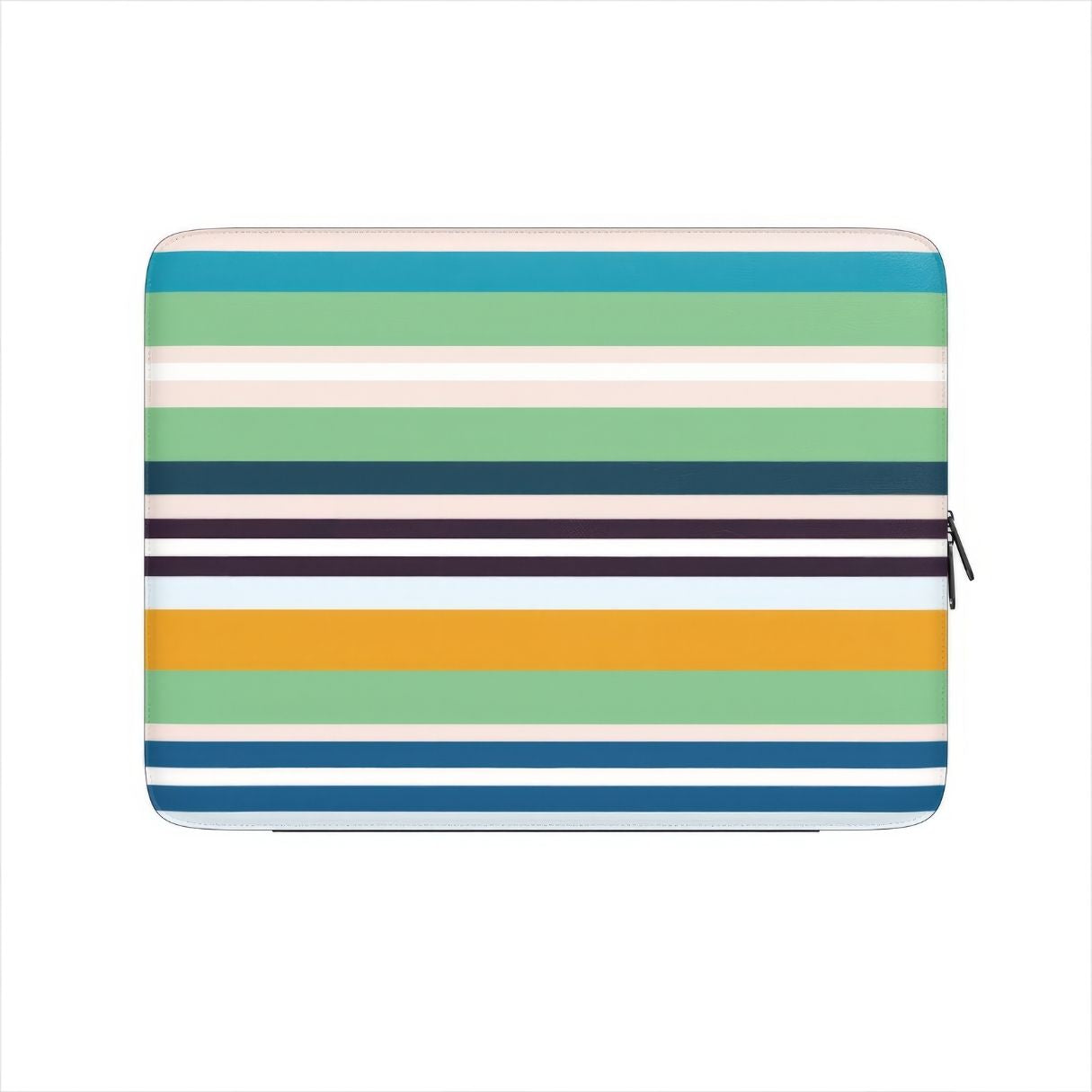Laptop Sleeve with  Parallel Flow Mint pattern with tiny color stripes, featuring an elegant and expressive aesthetic design. Main colors are minty sage, powder pink, navy blue, orange. Front view