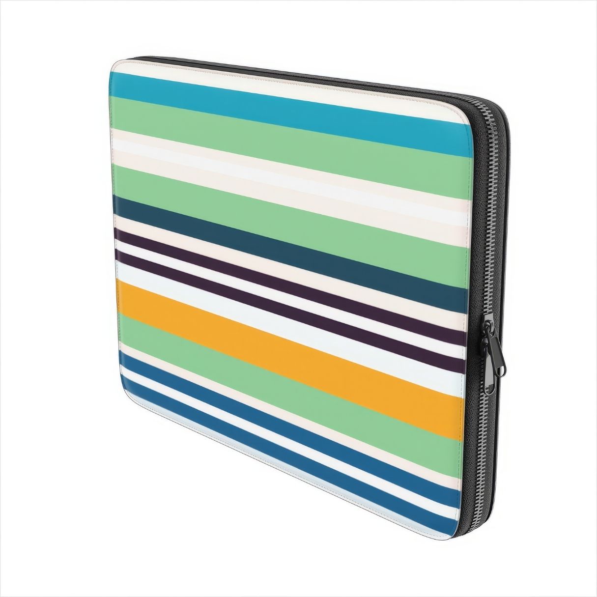 Laptop Sleeve with  Parallel Flow Mint pattern with tiny color stripes, featuring an elegant and expressive aesthetic design. Main colors are minty sage, powder pink, navy blue, orange. Side view.
