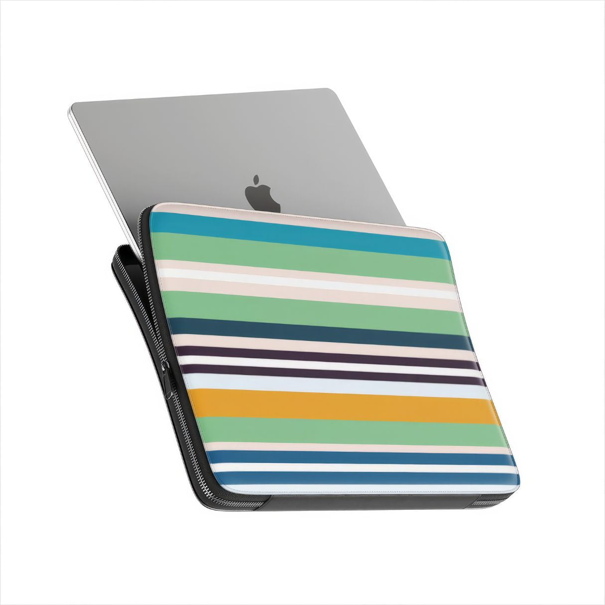 Laptop Sleeve with  Parallel Flow Mint pattern with tiny color stripes, featuring an elegant and expressive aesthetic design. Main colors are minty sage, powder pink, navy blue, orange. Side view with device.