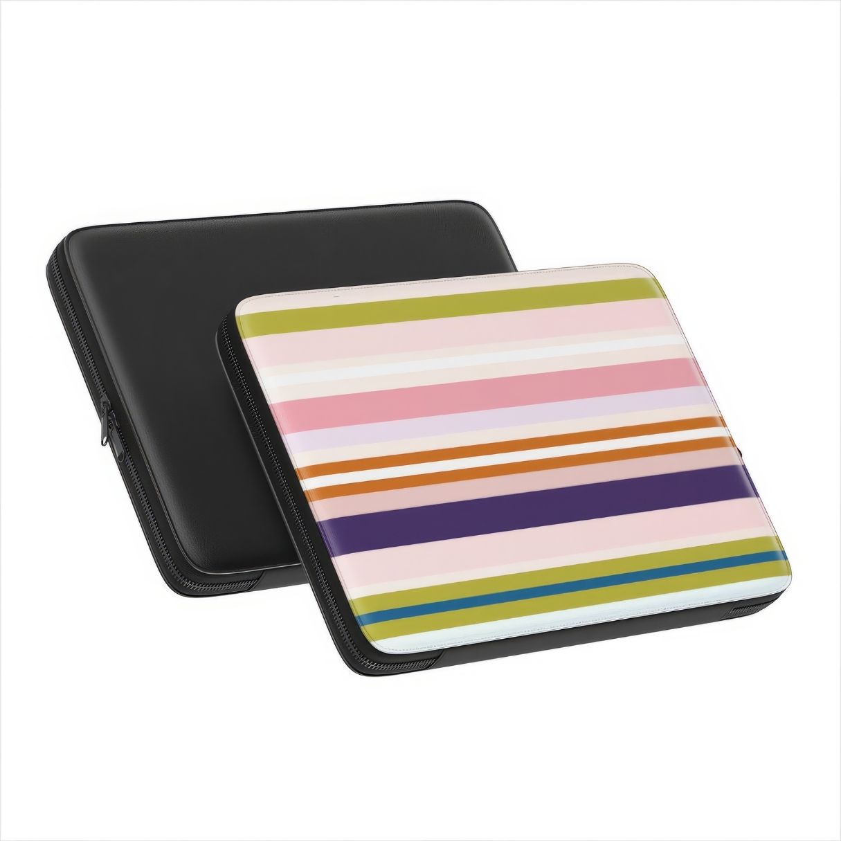 Laptop Sleeve with  Parallel Flow Pink pattern with tiny color stripes, featuring an elegant and expressive aesthetic design. Main colors are minty sage, powder pink, navy blue, orange. Side and back view.