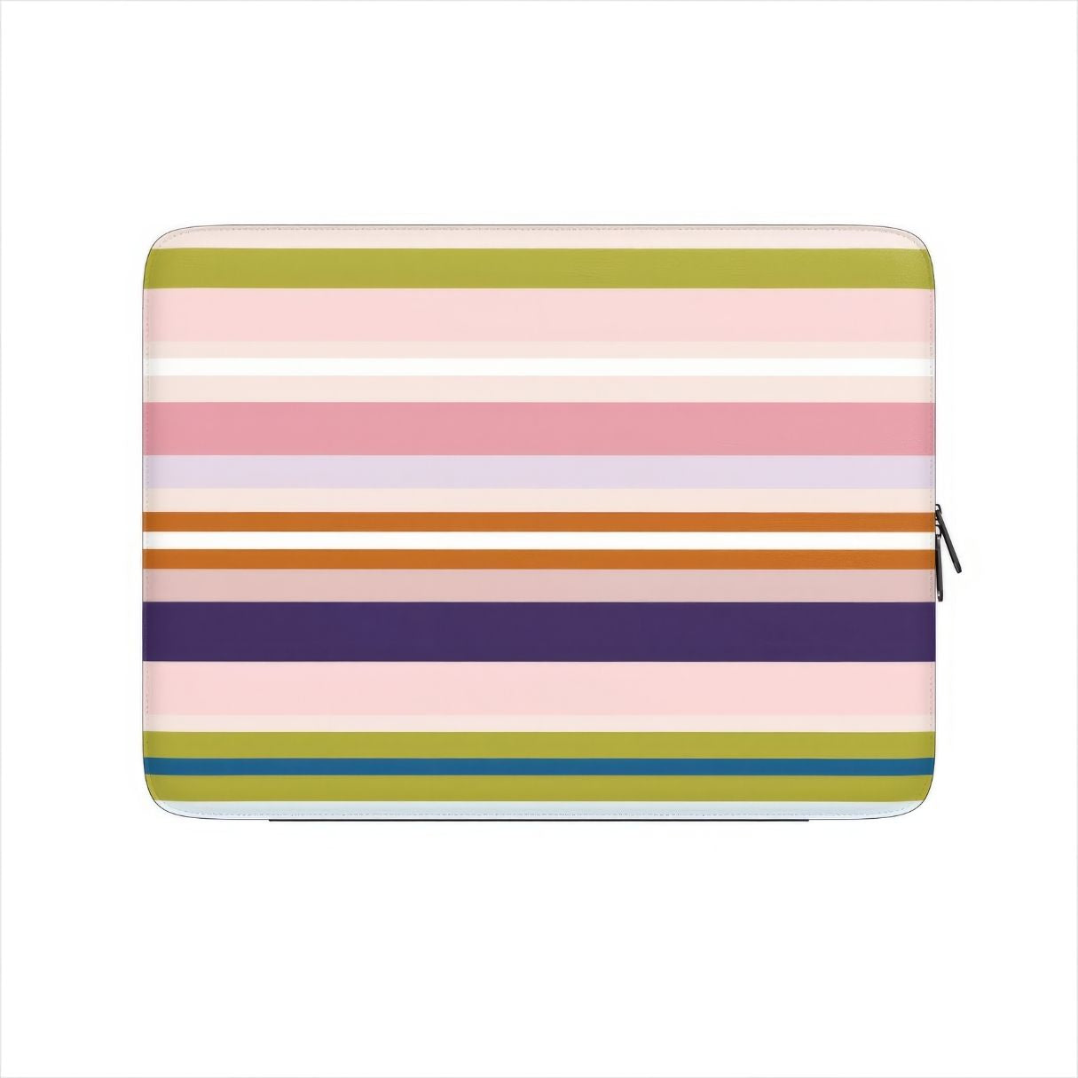 Laptop Sleeve with  Parallel Flow Pink pattern with tiny color stripes, featuring an elegant and expressive aesthetic design. Main colors are minty sage, powder pink, navy blue, orange. Front view.