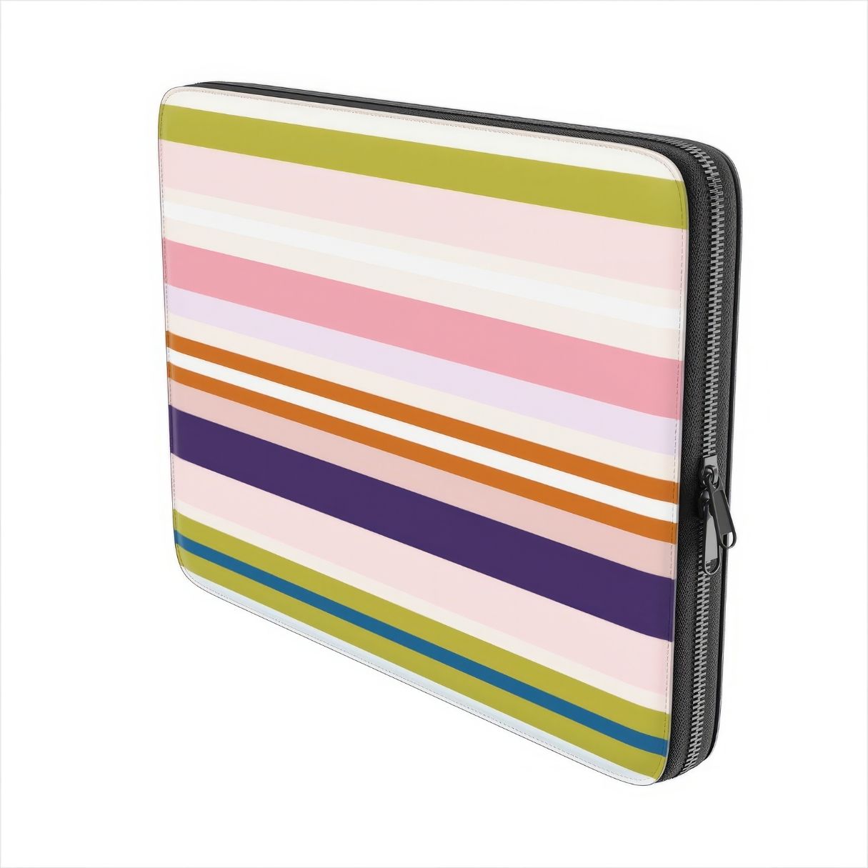 Laptop Sleeve with  Parallel Flow Pink pattern with tiny color stripes, featuring an elegant and expressive aesthetic design. Main colors are minty sage, powder pink, navy blue, orange. Side view.