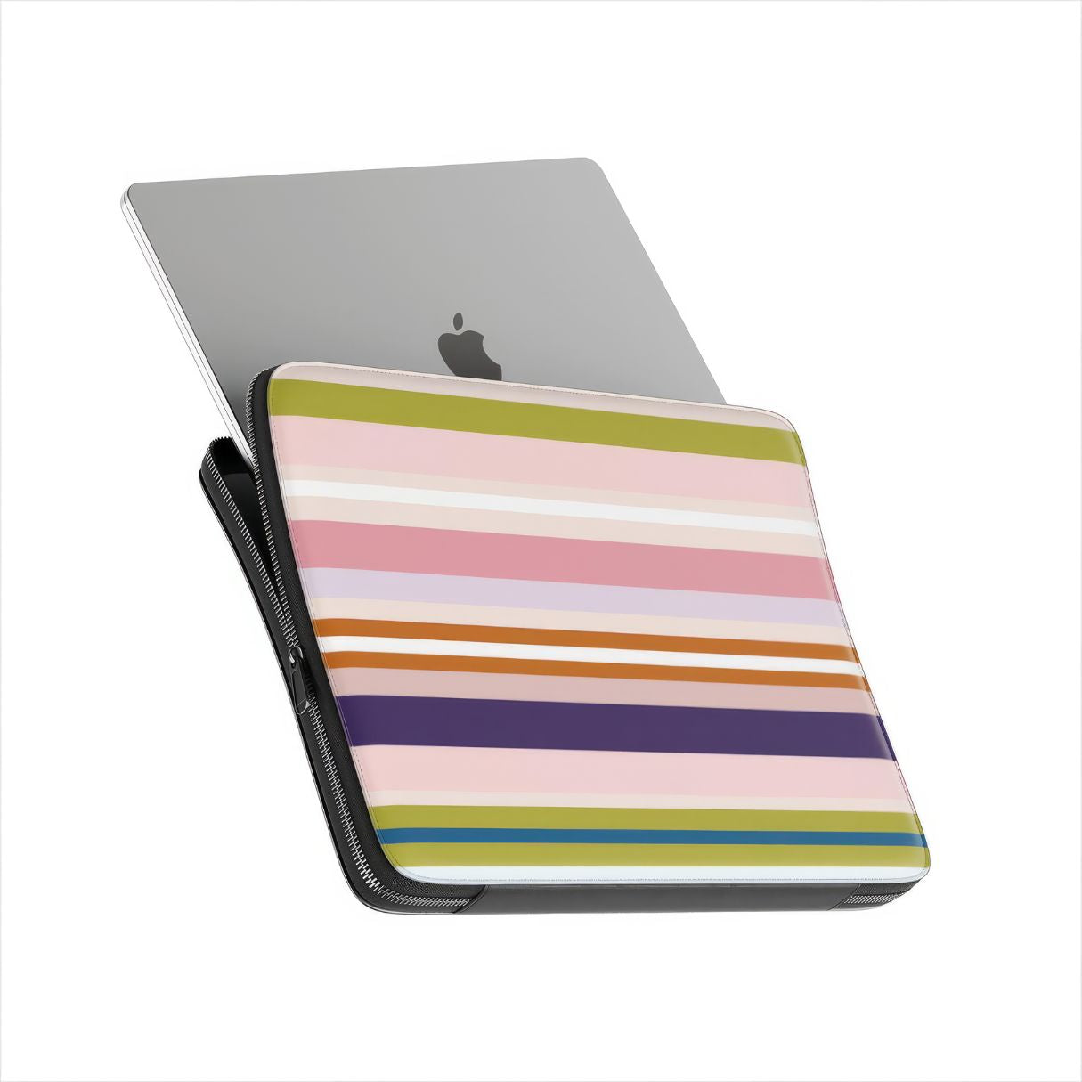 Laptop Sleeve with  Parallel Flow Pink pattern with tiny color stripes, featuring an elegant and expressive aesthetic design. Main colors are minty sage, powder pink, navy blue, orange. Side view with device.