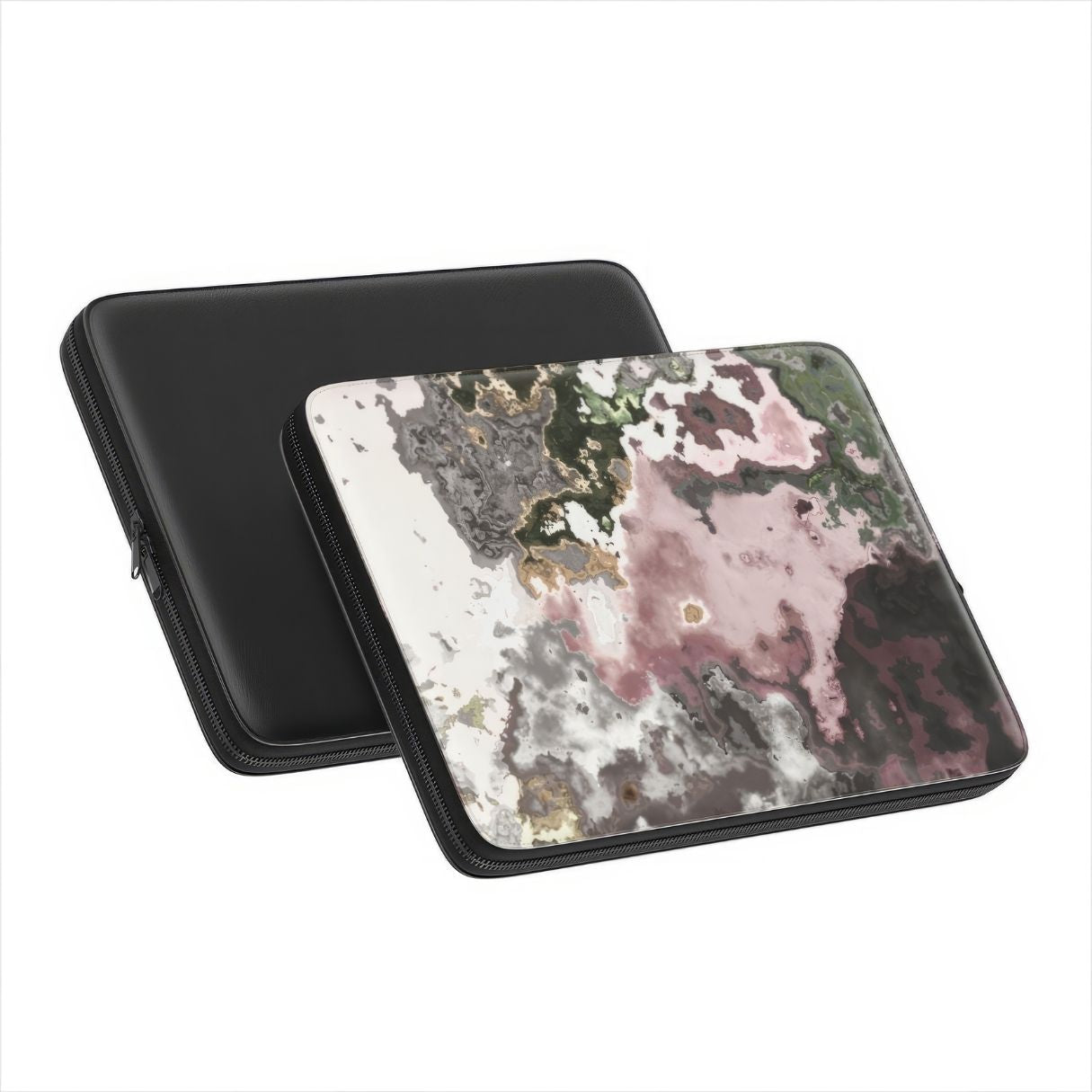 Laptop Sleeve with Pink Moss pattern, artistic, abstract marble pattern. Pink and grey color combination. Bold expressive aesthetic design. Colorful and interior fit. Front and back view.
