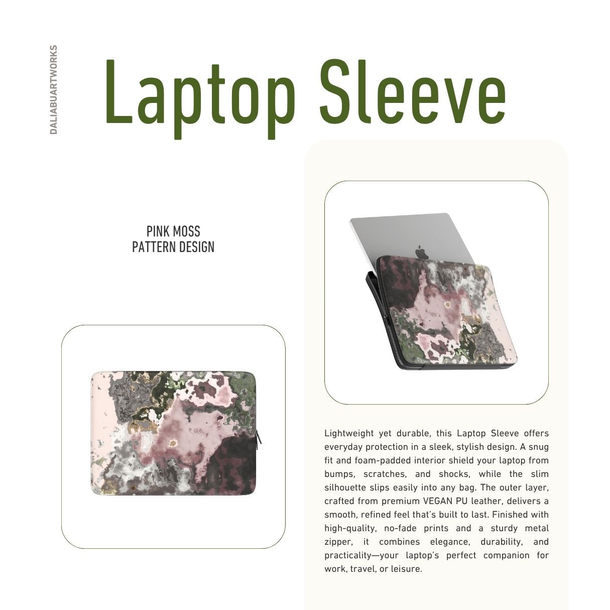 Laptop Sleeve with Pink Moss pattern, artistic, abstract marble pattern. Pink and grey color combination. Bold expressive aesthetic design. Colorful and interior fit. Description.
