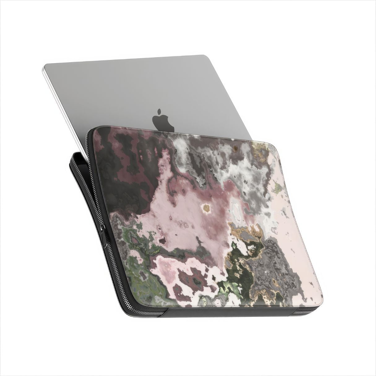 Laptop Sleeve with Pink Moss pattern, artistic, abstract marble pattern. Pink and grey color combination. Bold expressive aesthetic design. Colorful and interior fit. Side view with device.