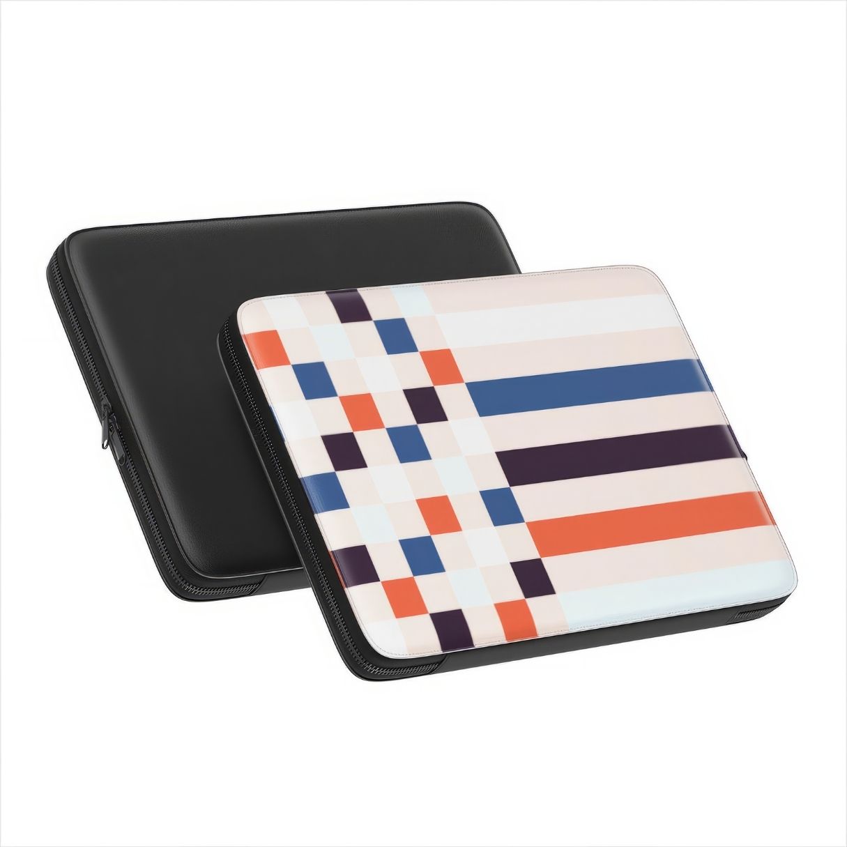 Laptop Sleeve with Pixel Grid Blue pattern design with a bold color blocks in pixel and stripes modern style, featuring an elegant and expressive aesthetic design. Main colors are pink, navy, orange red and light sky blue. Front and back view.