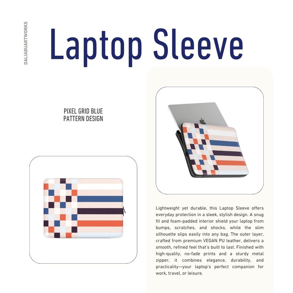 Laptop Sleeve with Pixel Grid Blue pattern design with a bold color blocks in pixel and stripes modern style, featuring an elegant and expressive aesthetic design. Main colors are pink, navy, orange red and light sky blue. Description.