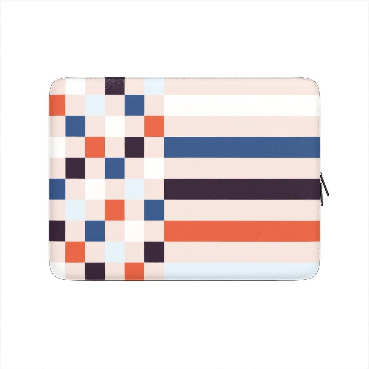 Laptop Sleeve with Pixel Grid Blue pattern design with a bold color blocks in pixel and stripes modern style, featuring an elegant and expressive aesthetic design. Main colors are pink, navy, orange red and light sky blue. Front view.