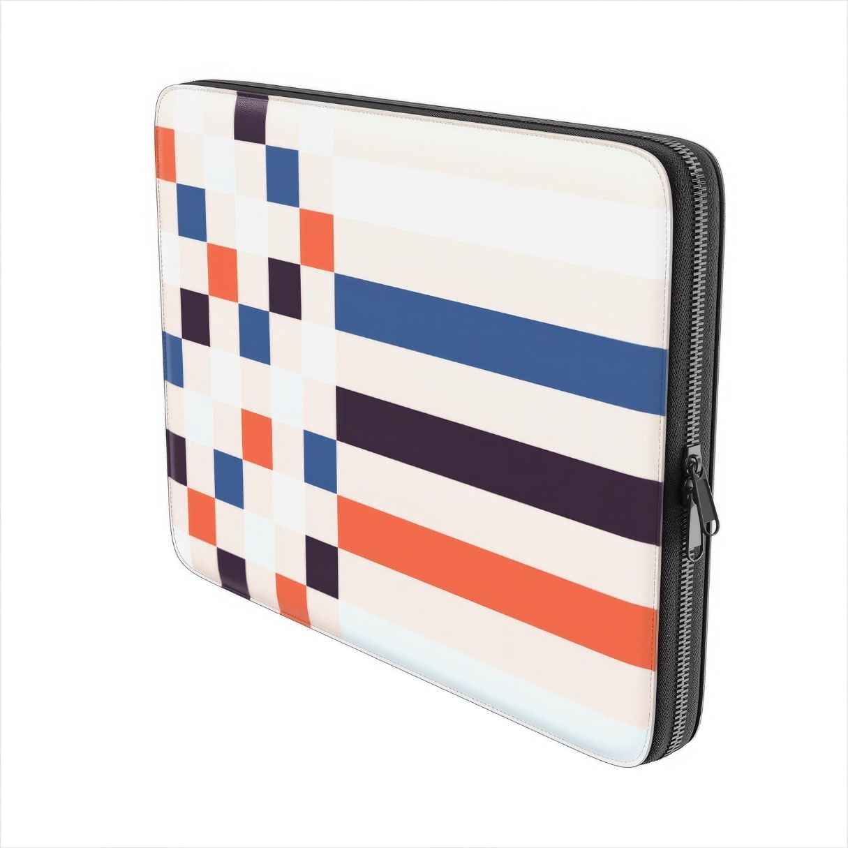 Laptop Sleeve with Pixel Grid Blue pattern design with a bold color blocks in pixel and stripes modern style, featuring an elegant and expressive aesthetic design. Main colors are pink, navy, orange red and light sky blue. Side view.
