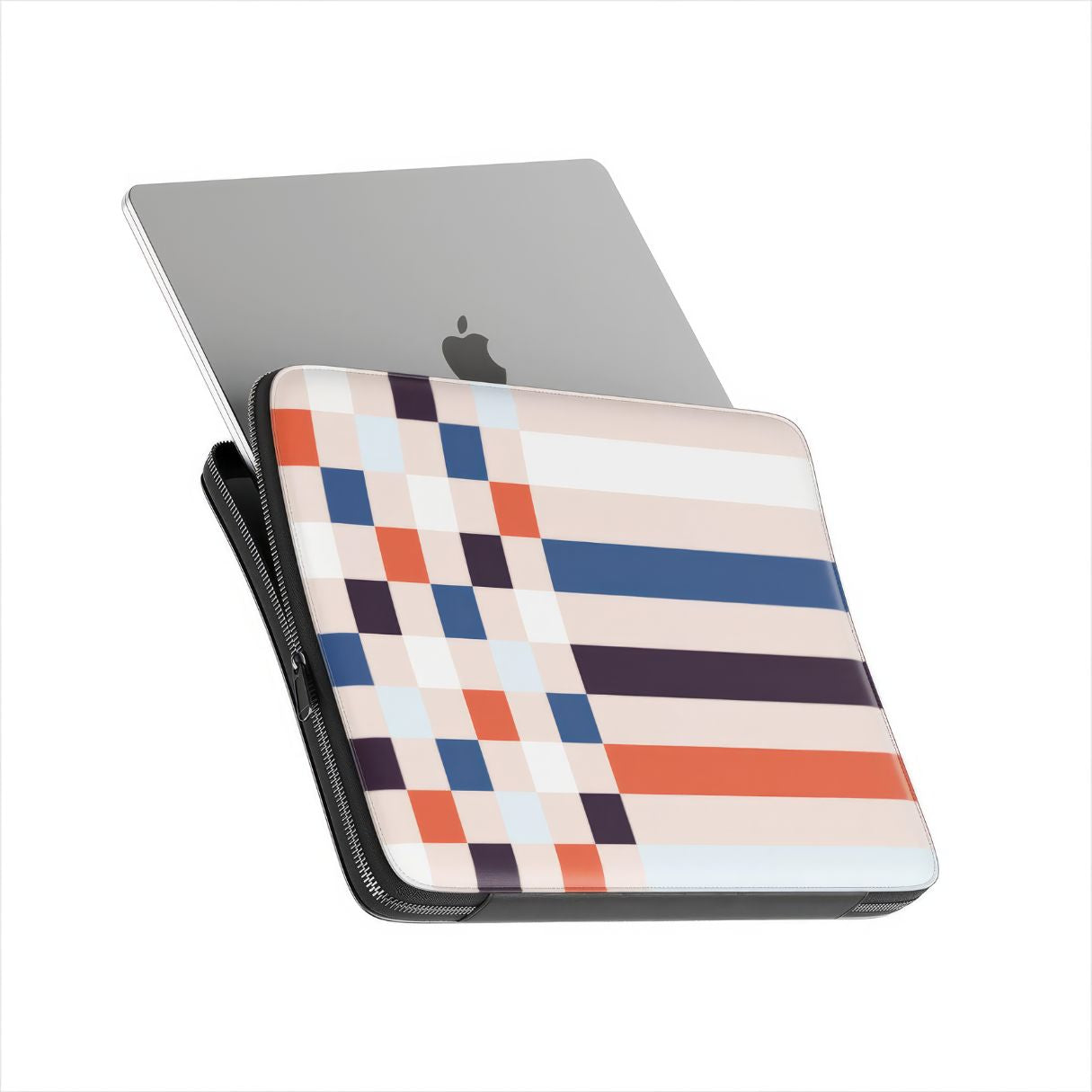 Laptop Sleeve with Pixel Grid Blue pattern design with a bold color blocks in pixel and stripes modern style, featuring an elegant and expressive aesthetic design. Main colors are pink, navy, orange red and light sky blue. Side view with device.