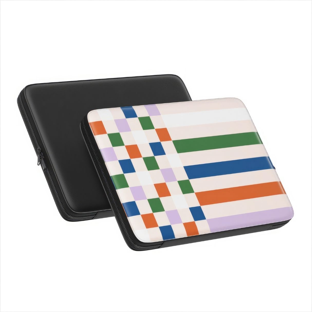 Laptop Sleeve with Pixel Grid Multi pattern design with a bold color blocks in pixel and stripes modern style, featuring an elegant and expressive aesthetic design. Main colors are rich orange, blue, lilac and green. front and back view.