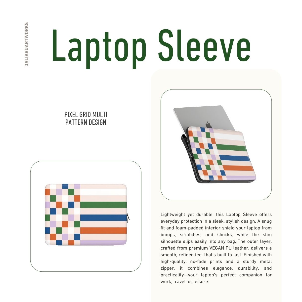 Laptop Sleeve with Pixel Grid Multi pattern design with a bold color blocks in pixel and stripes modern style, featuring an elegant and expressive aesthetic design. Main colors are rich orange, blue, lilac and green. Description.