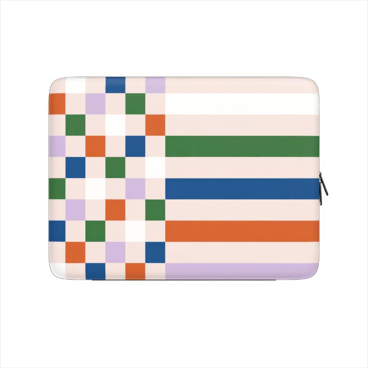 Laptop Sleeve with Pixel Grid Multi pattern design with a bold color blocks in pixel and stripes modern style, featuring an elegant and expressive aesthetic design. Main colors are rich orange, blue, lilac and green. Front view.