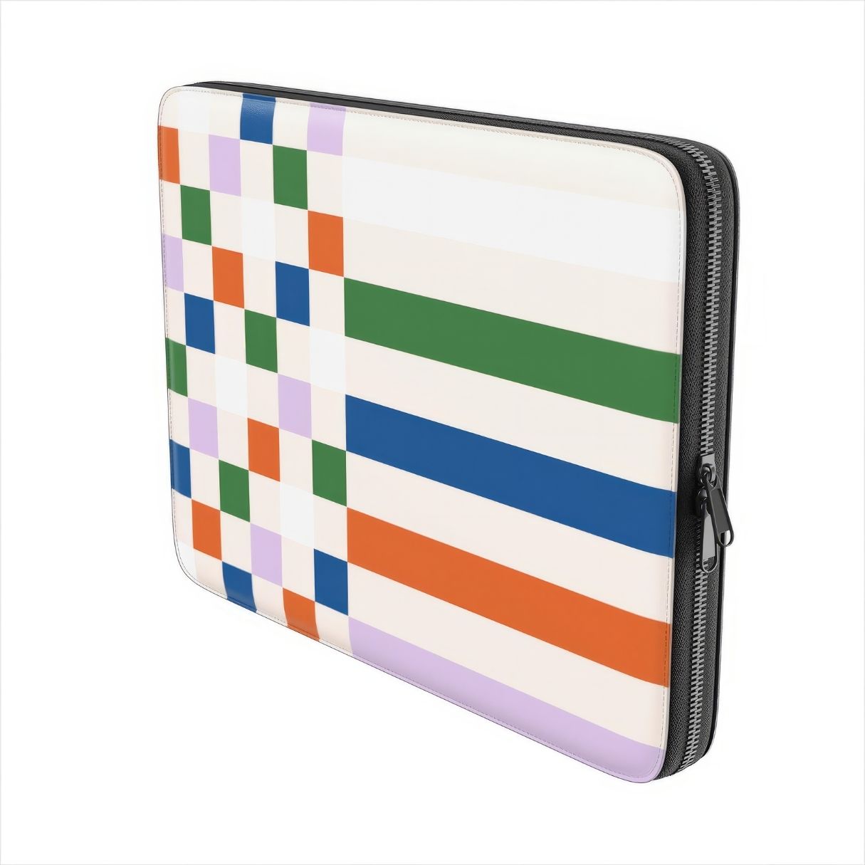 Laptop Sleeve with Pixel Grid Multi pattern design with a bold color blocks in pixel and stripes modern style, featuring an elegant and expressive aesthetic design. Main colors are rich orange, blue, lilac and green. Side view.