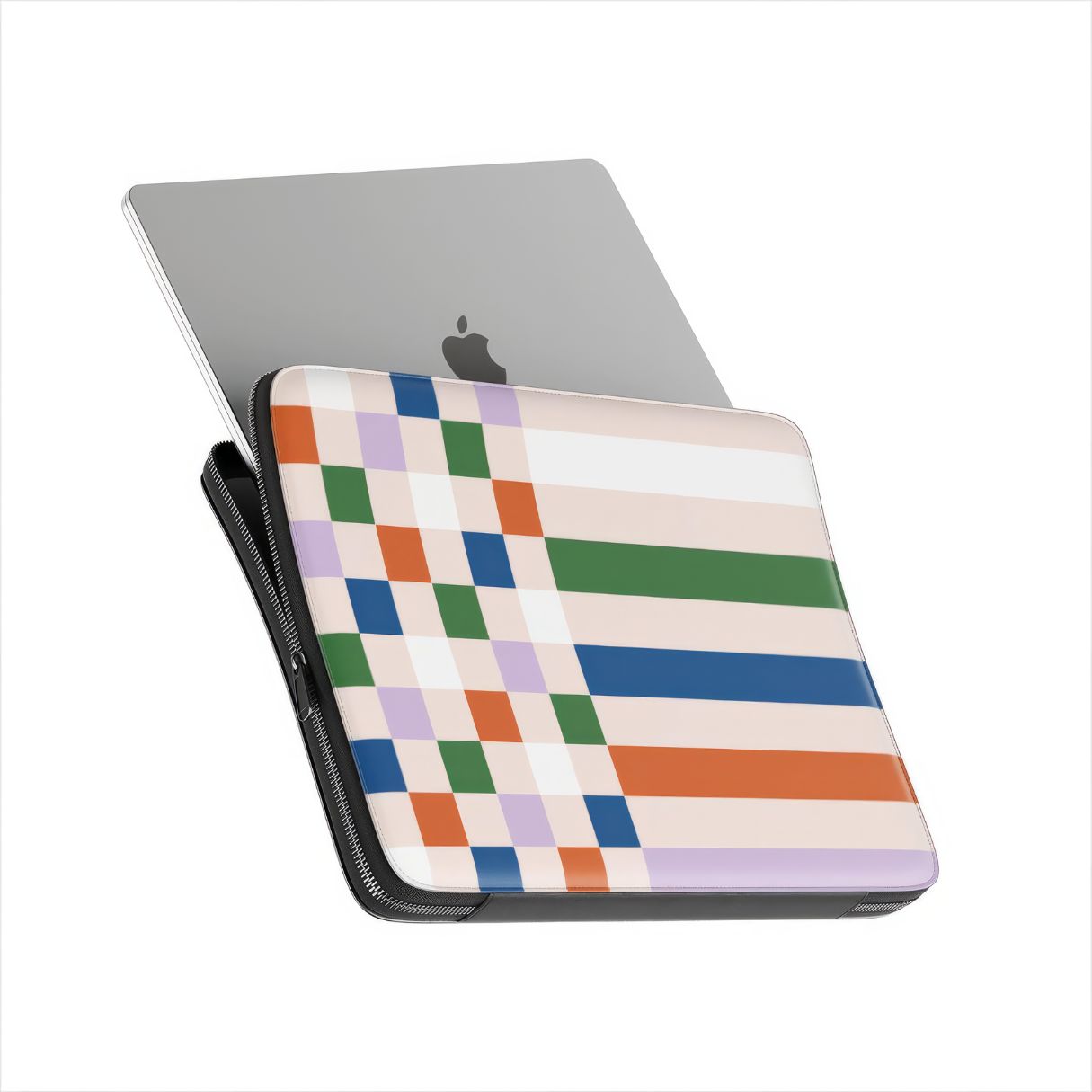Laptop Sleeve with Pixel Grid Multi pattern design with a bold color blocks in pixel and stripes modern style, featuring an elegant and expressive aesthetic design. Main colors are rich orange, blue, lilac and green. Side view with device.