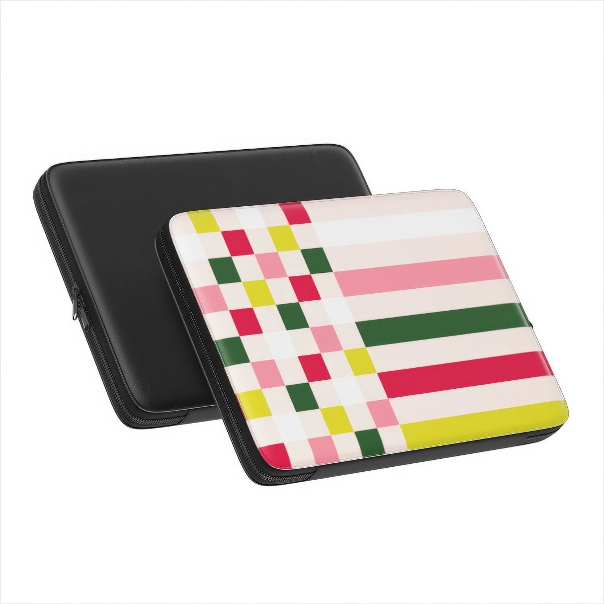 Laptop Sleeve with Pixel Grid Pink pattern design with a bold color blocks in pixel and stripes modern style, featuring an elegant and expressive aesthetic design. Main colors are rich red, pink yellow and green. Front and back view.