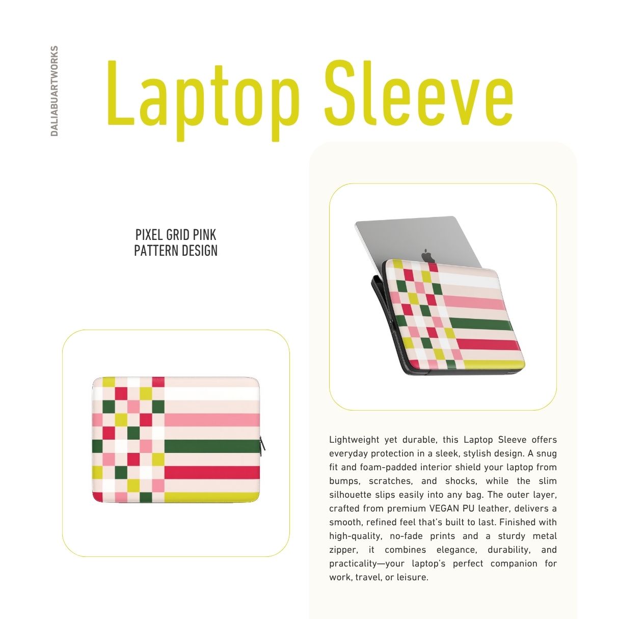 Laptop Sleeve with Pixel Grid Pink pattern design with a bold color blocks in pixel and stripes modern style, featuring an elegant and expressive aesthetic design. Main colors are rich red, pink yellow and green. Description.