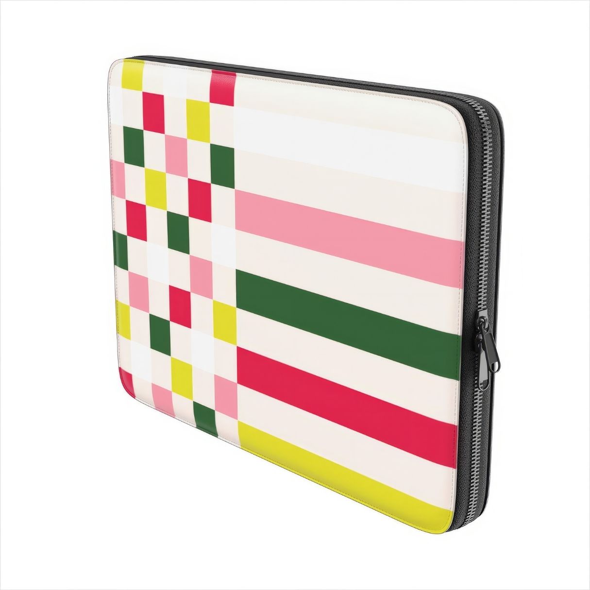 Laptop Sleeve with Pixel Grid Pink pattern design with a bold color blocks in pixel and stripes modern style, featuring an elegant and expressive aesthetic design. Main colors are rich red, pink yellow and green. Side view.