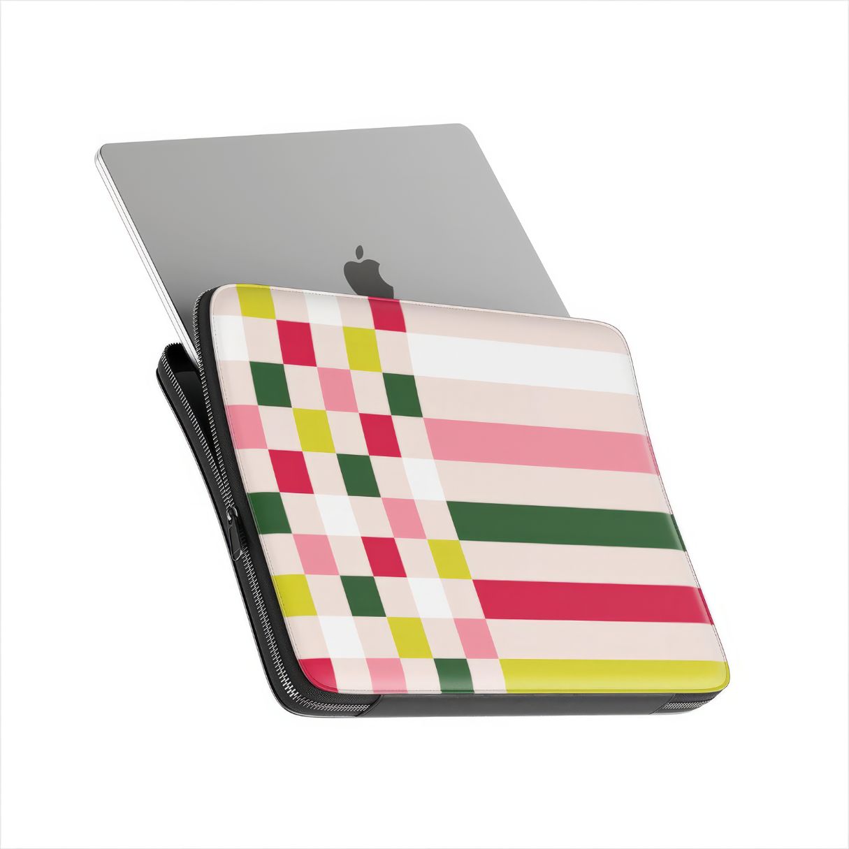 Laptop Sleeve with Pixel Grid Pink pattern design with a bold color blocks in pixel and stripes modern style, featuring an elegant and expressive aesthetic design. Main colors are rich red, pink yellow and green. Side view with device.