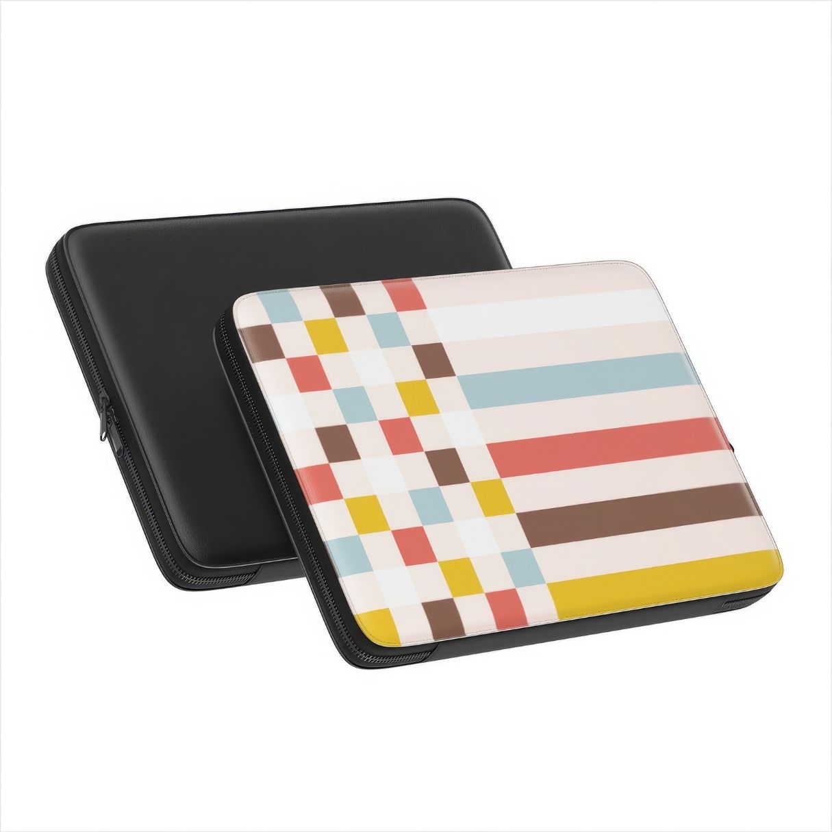 Laptop Sleeve with Pixel Grid Vintage pattern design with a bold color blocks in pixel and stripes modern style, featuring an elegant and expressive aesthetic design. Main colors are pastel with pink, brown, muted red and light sky blue. Front and back view.