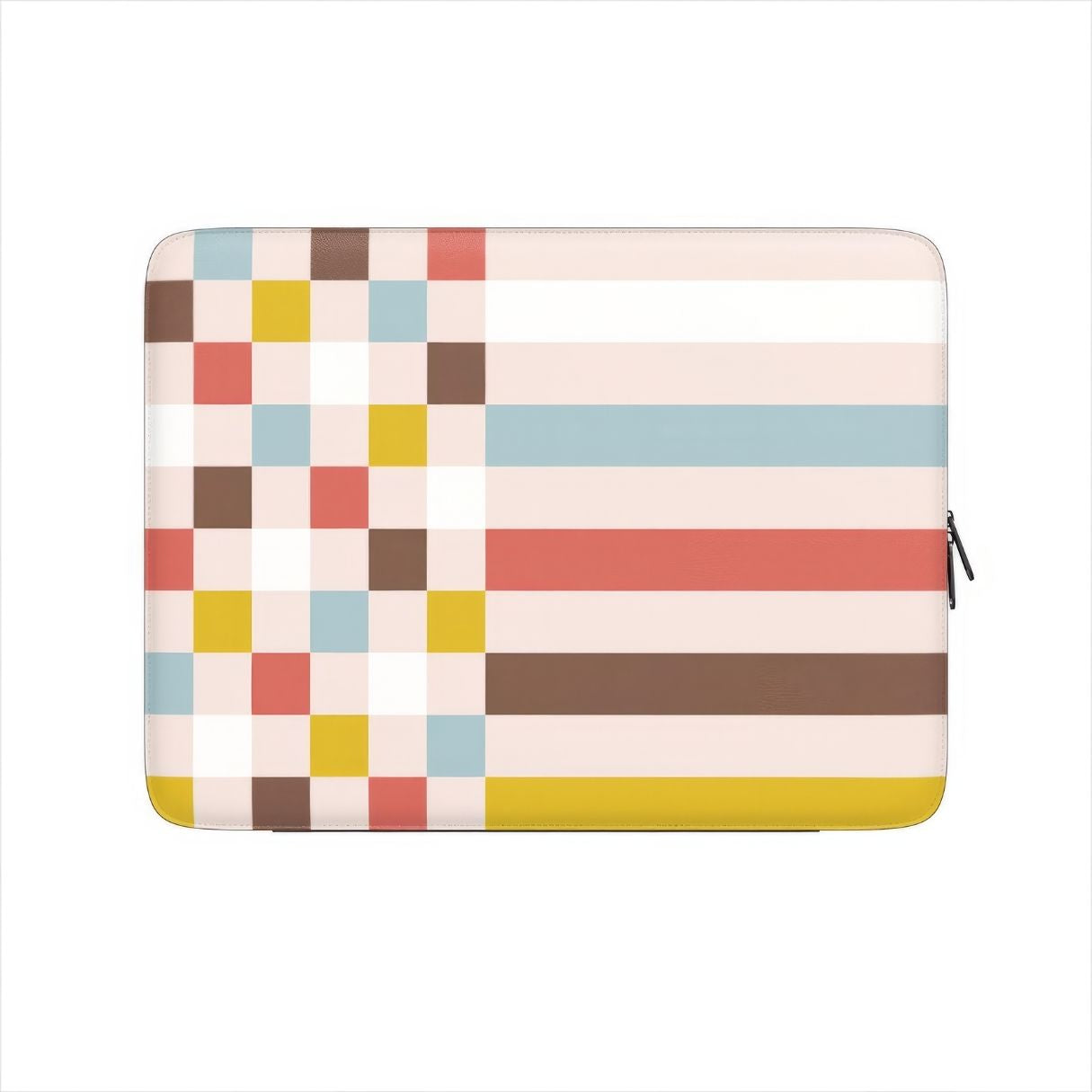 Laptop Sleeve with Pixel Grid Vintage pattern design with a bold color blocks in pixel and stripes modern style, featuring an elegant and expressive aesthetic design. Main colors are pastel with pink, brown, muted red and light sky blue. front view.