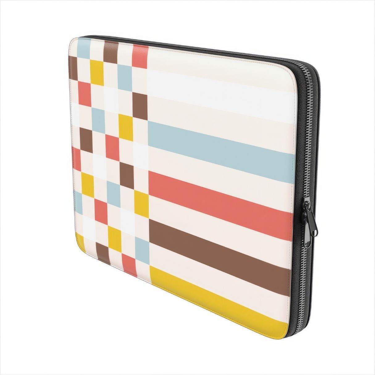 Laptop Sleeve with Pixel Grid Vintage pattern design with a bold color blocks in pixel and stripes modern style, featuring an elegant and expressive aesthetic design. Main colors are pastel with pink, brown, muted red and light sky blue. Side view.