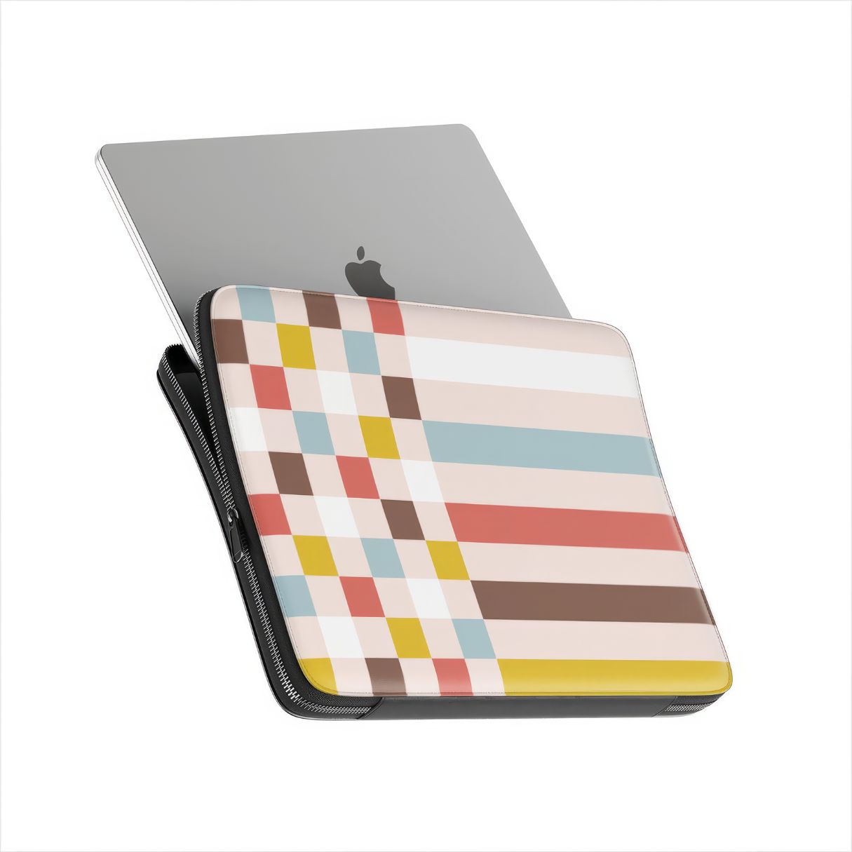 Laptop Sleeve with Pixel Grid Vintage pattern design with a bold color blocks in pixel and stripes modern style, featuring an elegant and expressive aesthetic design. Main colors are pastel with pink, brown, muted red and light sky blue. Side view with device.