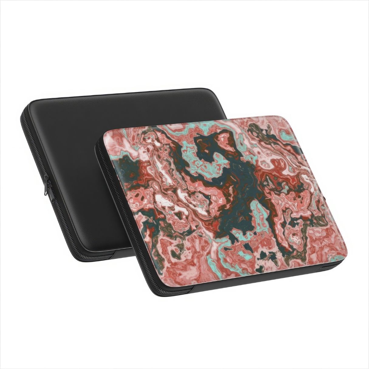 Laptop Sleeve side and back view; Red Coffee pattern, artistic, abstract marble pattern. Red and light blue color combination. Bold expressive aesthetic design. Colorful and interior fit.