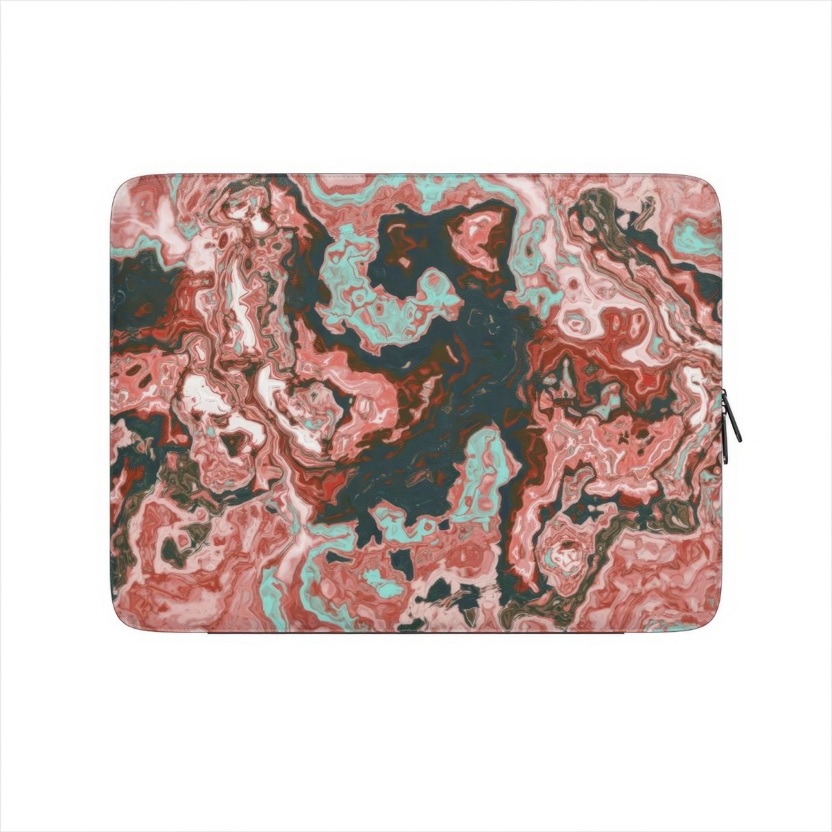 Laptop Sleeve front view; Red Coffee pattern, artistic, abstract marble pattern. Red and light blue color combination. Bold expressive aesthetic design. Colorful and interior fit.