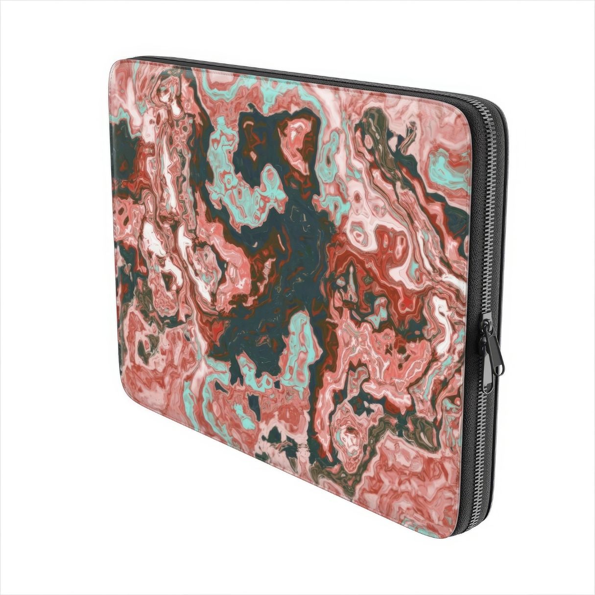 Laptop Sleeve side view; Red Coffee pattern, artistic, abstract marble pattern. Red and light blue color combination. Bold expressive aesthetic design. Colorful and interior fit.
