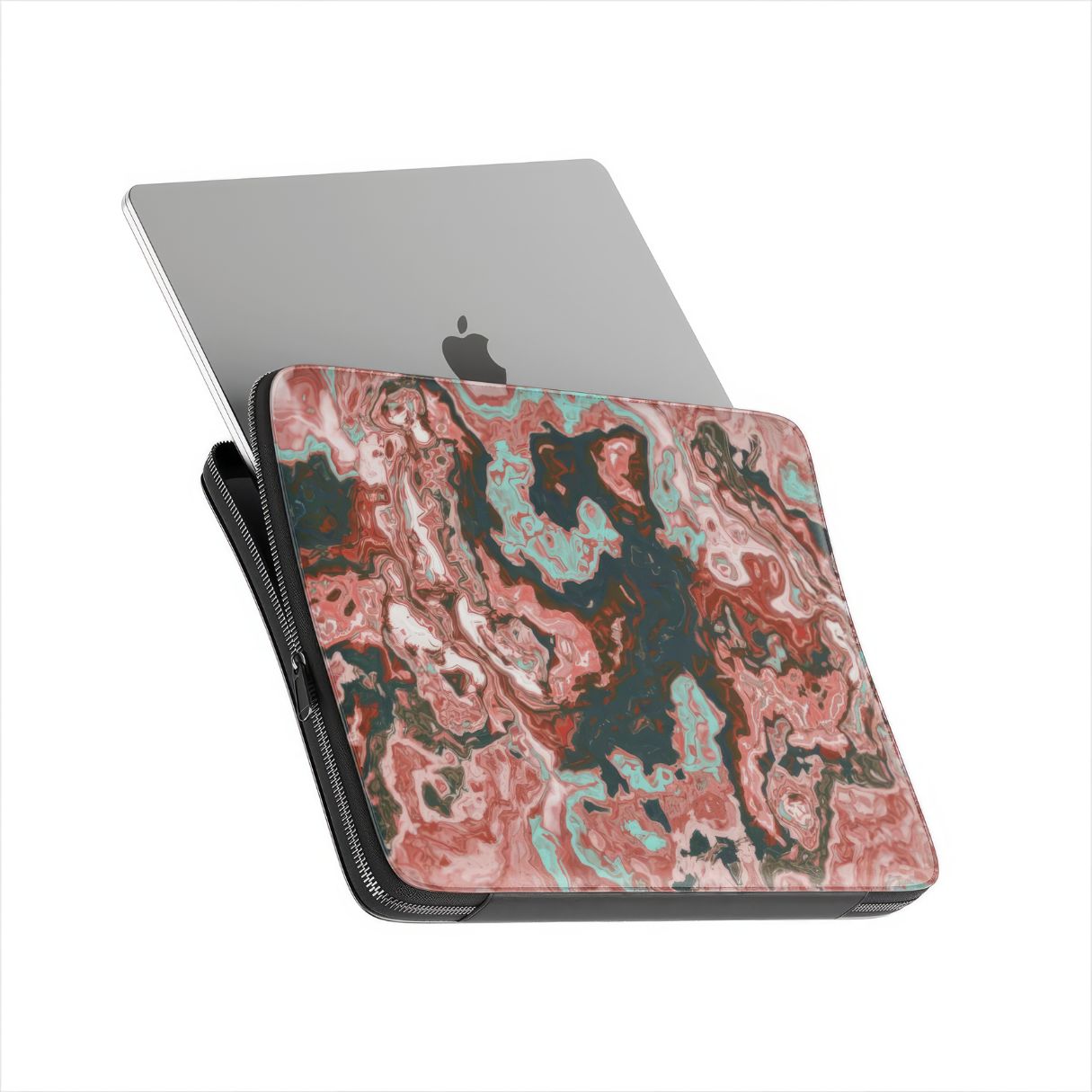 Laptop Sleeve side view with device; Red Coffee pattern, artistic, abstract marble pattern. Red and light blue color combination. Bold expressive aesthetic design. Colorful and interior fit.