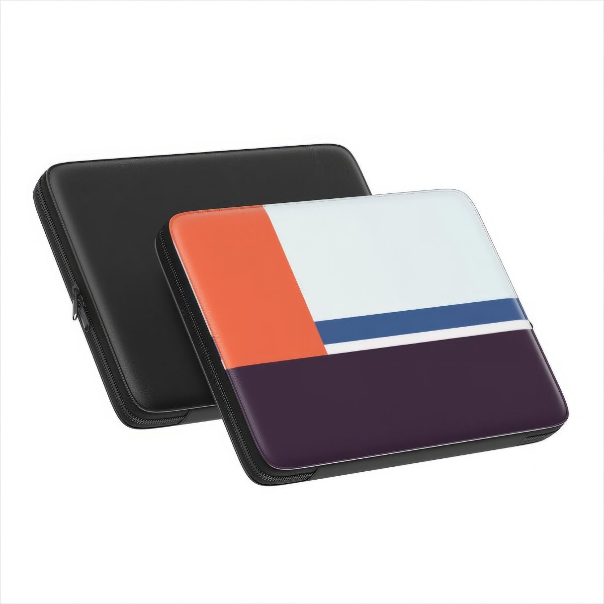 Laptop Sleeve with Retro Stripes Blue pattern design with a bold color blocks in vintage, mid century modern style, featuring an elegant and expressive aesthetic design. Main colors are deep purple, navy, light blue and orange red. Front and back view.