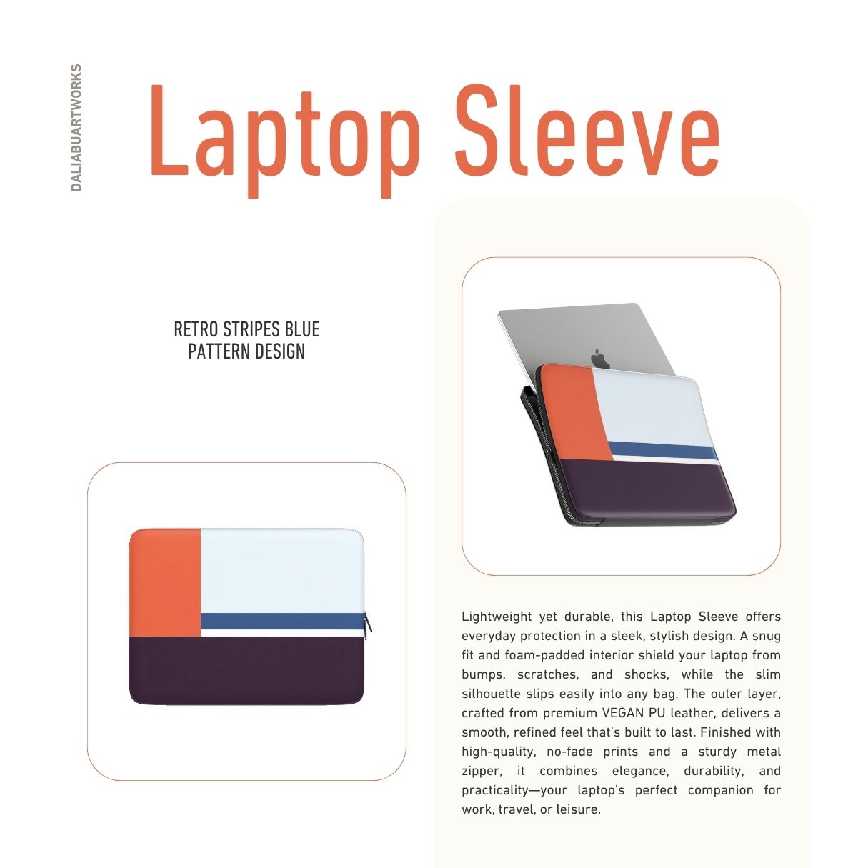 Laptop Sleeve with Retro Stripes Blue pattern design with a bold color blocks in vintage, mid century modern style, featuring an elegant and expressive aesthetic design. Main colors are deep purple, navy, light blue and orange red. Description.