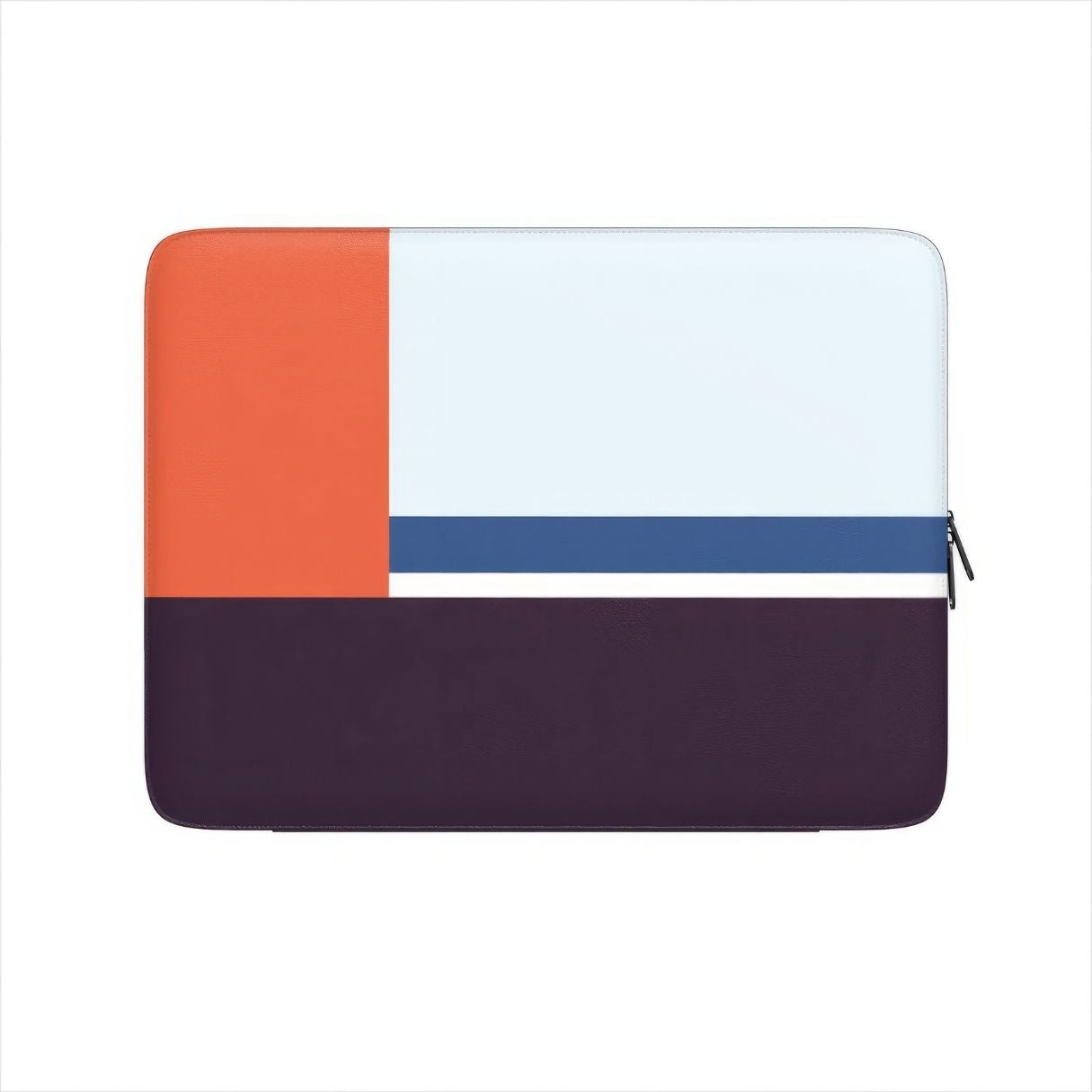 Laptop Sleeve with Retro Stripes Blue pattern design with a bold color blocks in vintage, mid century modern style, featuring an elegant and expressive aesthetic design. Main colors are deep purple, navy, light blue and orange red. Front view.
