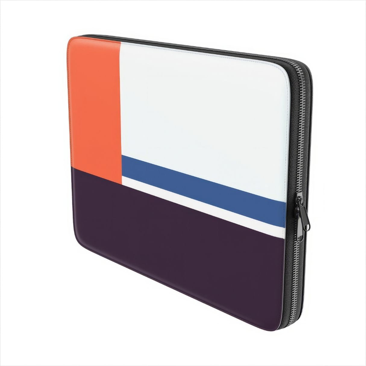 Laptop Sleeve with Retro Stripes Blue pattern design with a bold color blocks in vintage, mid century modern style, featuring an elegant and expressive aesthetic design. Main colors are deep purple, navy, light blue and orange red. Side front view.