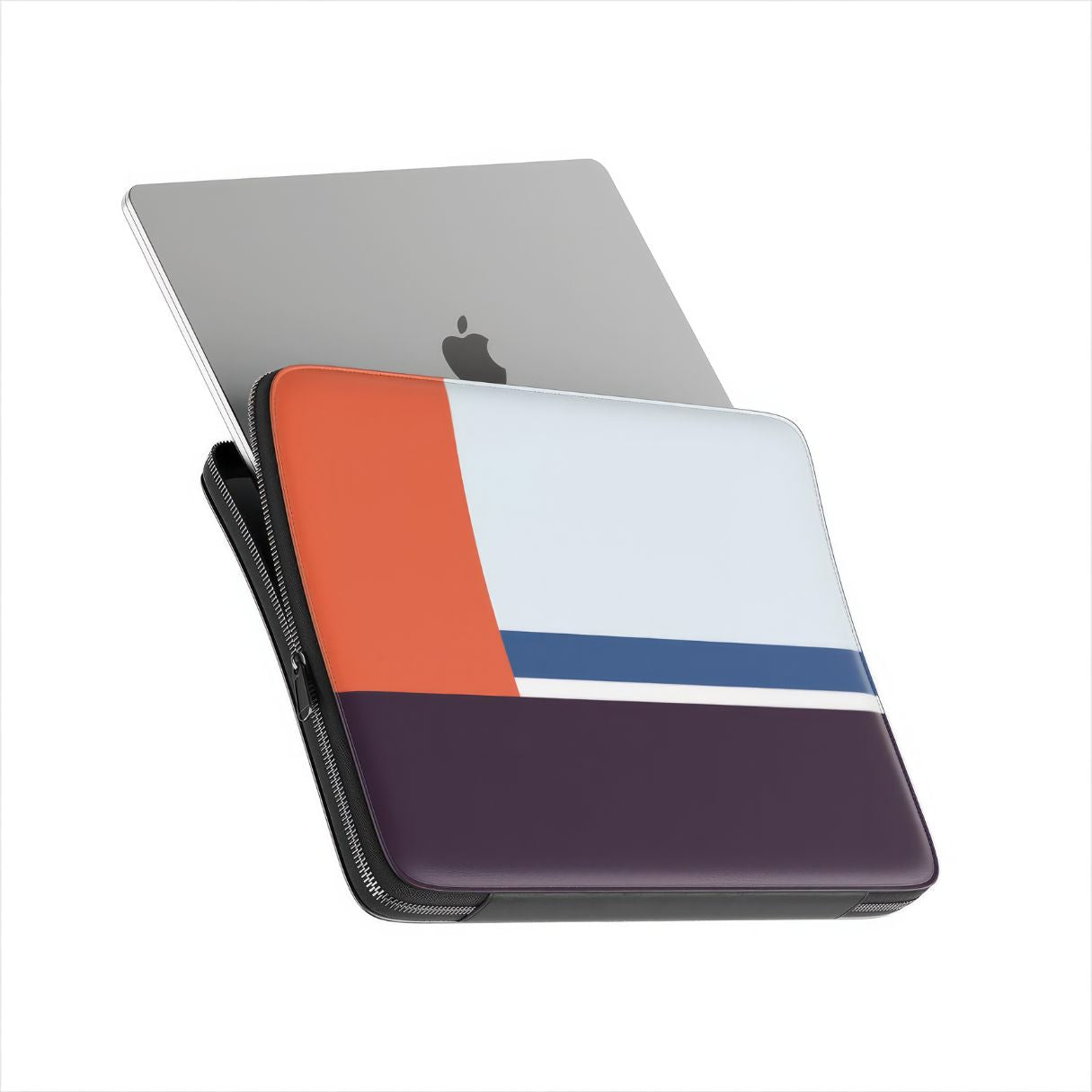 Laptop Sleeve with Retro Stripes Blue pattern design with a bold color blocks in vintage, mid century modern style, featuring an elegant and expressive aesthetic design. Main colors are deep purple, navy, light blue and orange red. Side view with device.
