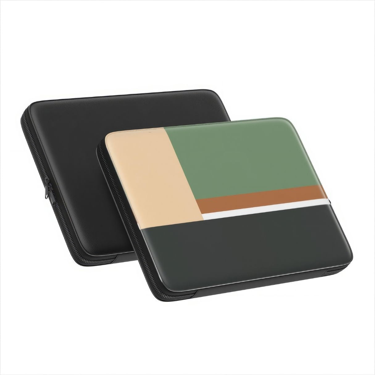 Laptop Sleeve with Retro Stripes Khaki pattern design with a bold color blocks in vintage, mid century modern style, featuring an elegant and expressive aesthetic design. Main colors are khaki, dark green, brown and cappuccino. Front and back view.