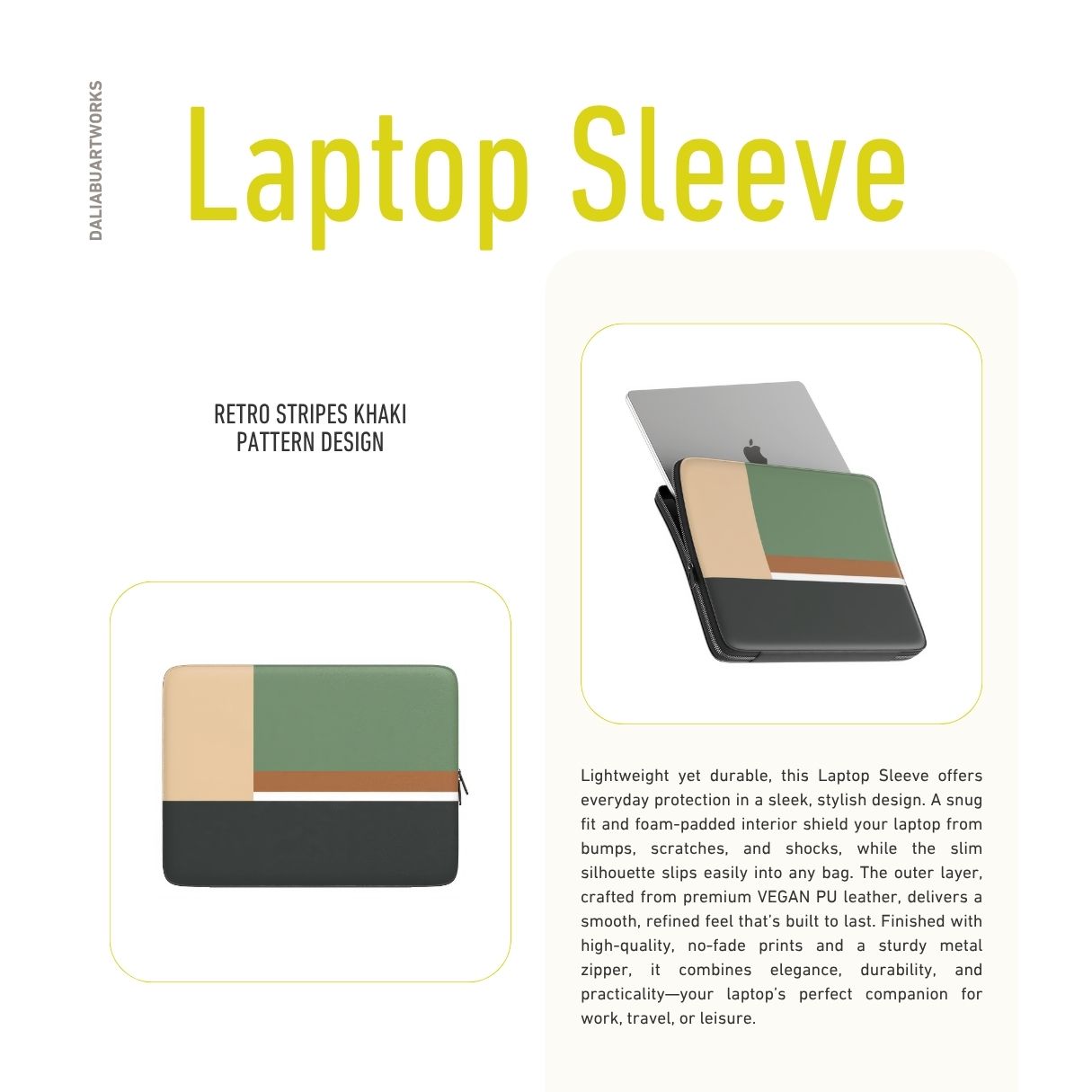 Laptop Sleeve with Retro Stripes Khaki pattern design with a bold color blocks in vintage, mid century modern style, featuring an elegant and expressive aesthetic design. Main colors are khaki, dark green, brown and cappuccino. Description.