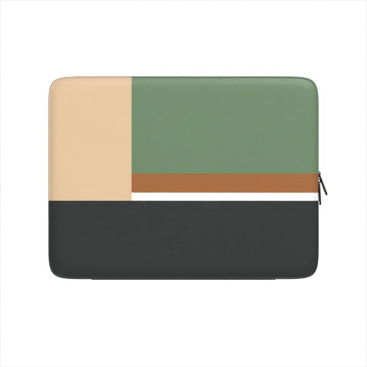 Laptop Sleeve with Retro Stripes Khaki pattern design with a bold color blocks in vintage, mid century modern style, featuring an elegant and expressive aesthetic design. Main colors are khaki, dark green, brown and cappuccino. Front view.