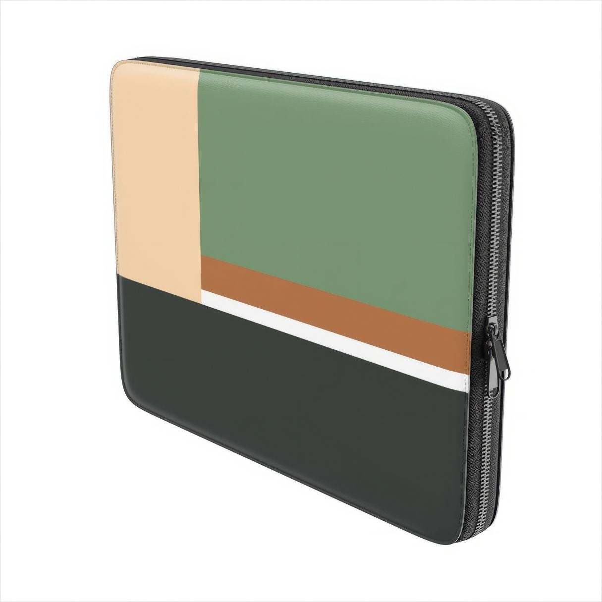 Laptop Sleeve with Retro Stripes Khaki pattern design with a bold color blocks in vintage, mid century modern style, featuring an elegant and expressive aesthetic design. Main colors are khaki, dark green, brown and cappuccino. Side view.