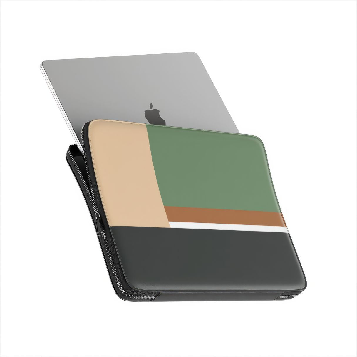 Laptop Sleeve with Retro Stripes Khaki pattern design with a bold color blocks in vintage, mid century modern style, featuring an elegant and expressive aesthetic design. Main colors are khaki, dark green, brown and cappuccino. Side view with device.
