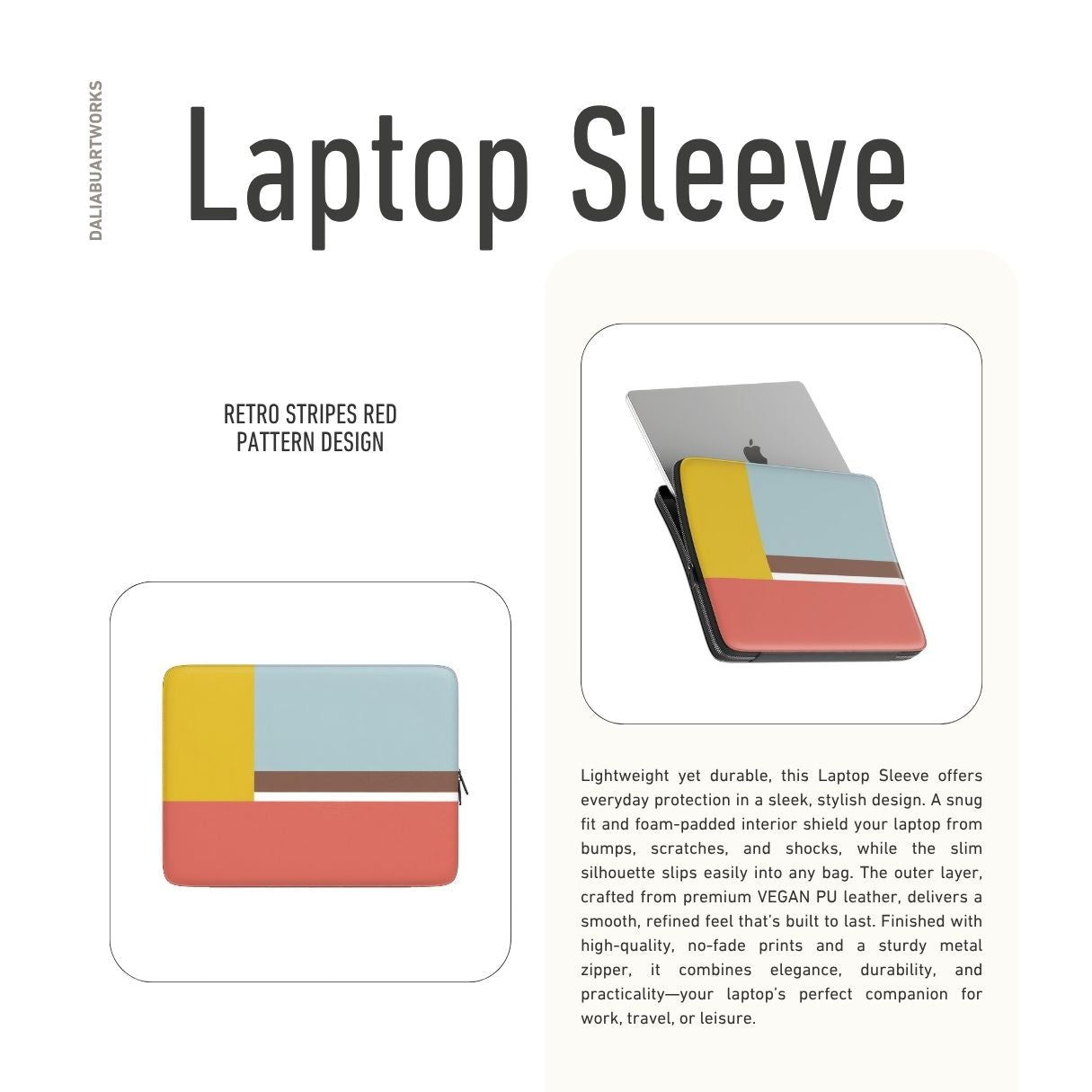 Laptop Sleeve with Retro Stripes Red pattern design with a bold color blocks in vintage, mid century modern style, featuring an elegant and expressive aesthetic design. Main colors are yellow, muted red and light blue. Description.